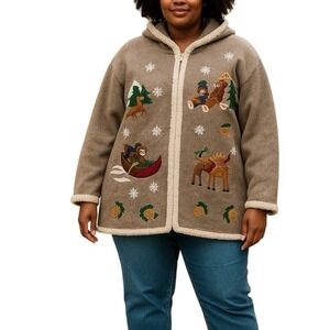 Vintage Christmas Hooded‎ Sweater Womens 2X Wool Whimsical Holiday